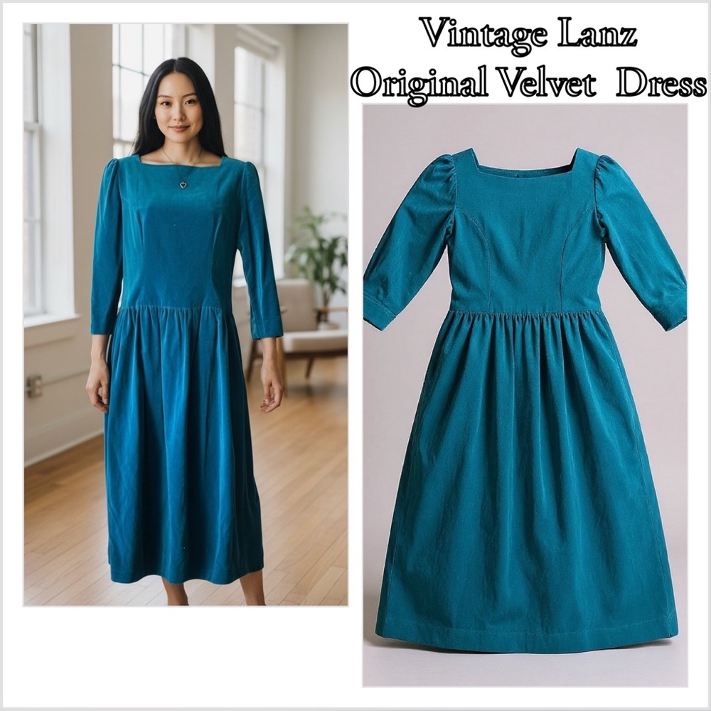 Lanz Originals 1980s Velvet Teal Vintage Holiday Dress, Size 8